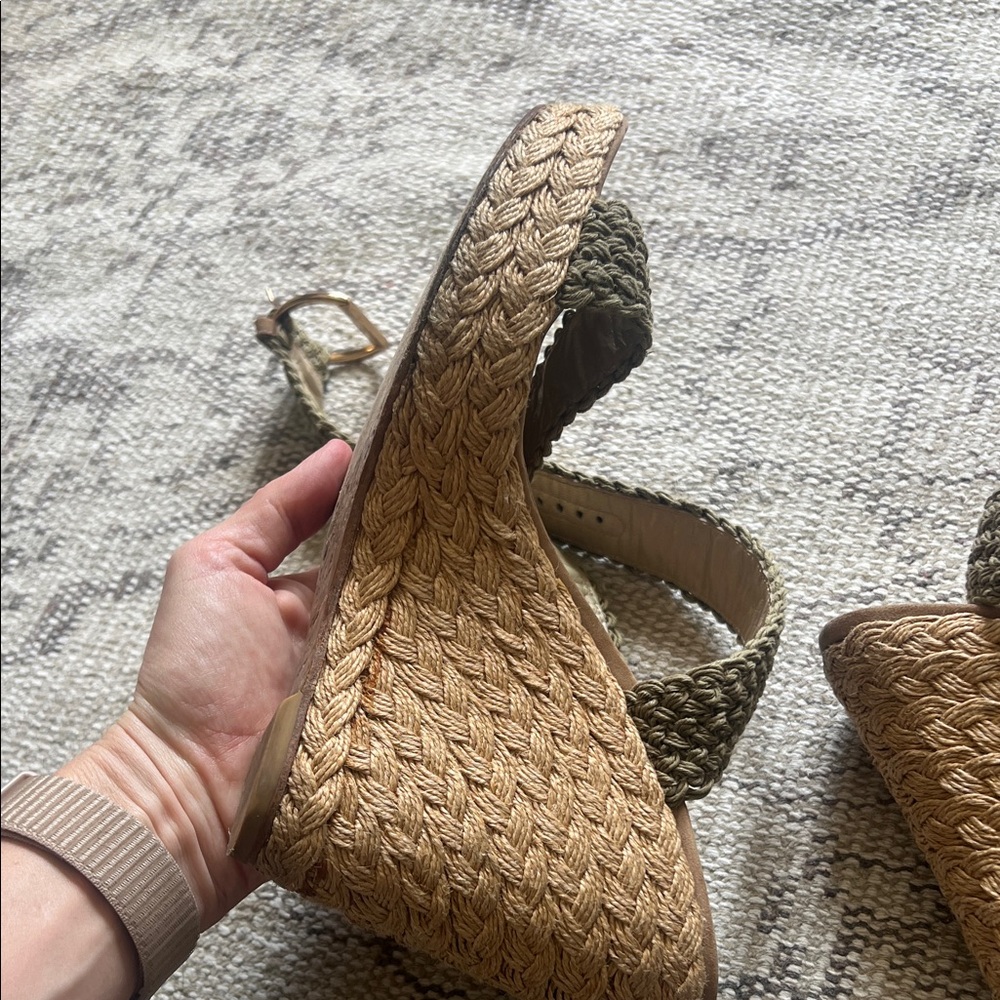Stuart Weitzman Taupe Woven Ankle-Strap Wedge Sandals - Picture 12 of 16